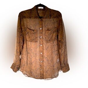 EQUIPMENT Femme Brown Silk Snake Print Button Up Sheer Long Sleeve Blouse Sz XS